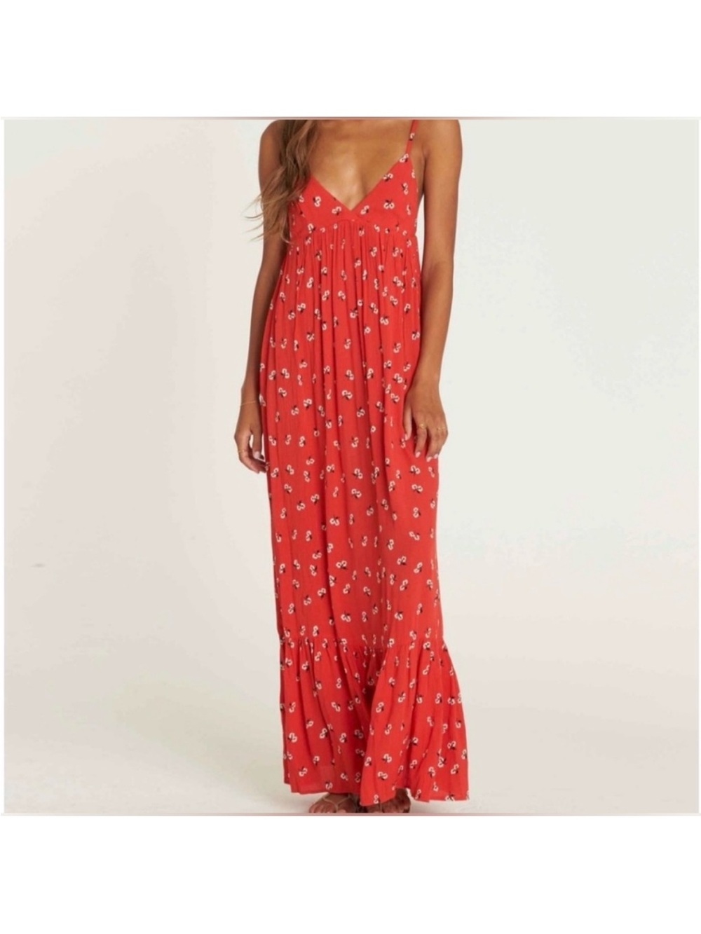 Billabong Red Floral Spaghetti Strap Surplice Maxi Dress size small